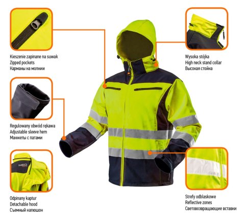 Kurtka robocza ostrzegawcza softshell z kapturem, żółta, rozmiar XXL