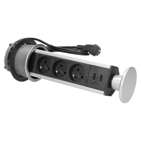 Gniazdo meblowe ?8cm wysuwane z blatu z ładowarką USB i przewodem 1,8m, 3x2P+Z, 2xUSB