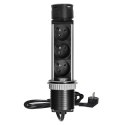 Wpuszczane gniazdo meblowe ?6cm z ładowarką USB i przewodem 1,5m, 3x2P+Z, 2xUSB (typ A i typ C), INOX