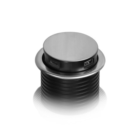 Wpuszczane gniazdo meblowe ?6cm z ładowarką USB i przewodem 1,5m, 3x2P+Z, 2xUSB (typ A i typ C), INOX