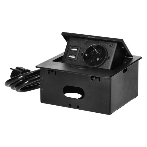 Wpuszczane gniazdo meblowe z ładowarką USB i przewodem 1,5m, 1x2P+Z Schuko, 2xUSB (typ A, 2,1A), płaski rant frezowany, czarny