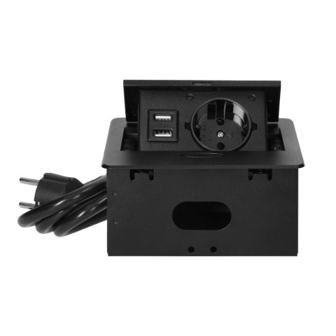 Wpuszczane gniazdo meblowe z ładowarką USB i przewodem 1,5m, 1x2P+Z Schuko, 2xUSB (typ A, 2,1A), płaski rant frezowany, czarny