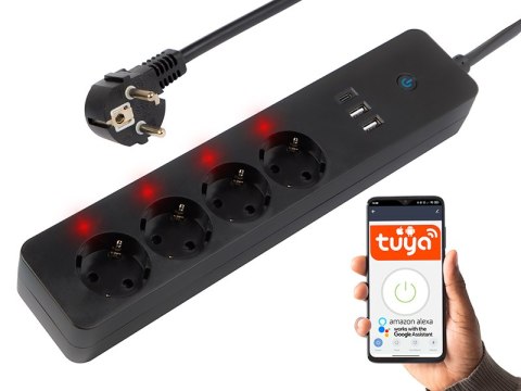 98-421# Inteligentna listwa zasilająca czarna 3m 2xusb+usb-c wifi tuya