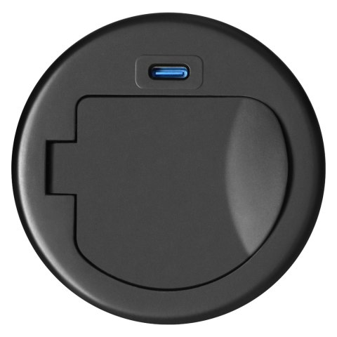 Gniazdo meblowe ?6cm wpuszczane w blat z pokrywką, ładowarką USB i przewodem 1,9m, 1x2P+Z (Schuko), 1xUSB (typ C; 20W), czarne