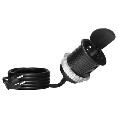 Gniazdo meblowe ?6cm wpuszczane w blat z pokrywką, ładowarką USB i przewodem 1,9m, 1x2P+Z (Schuko), 1xUSB (typ C; 20W), czarne