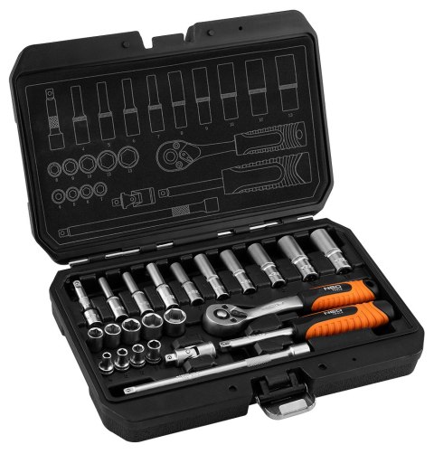 Zestaw kluczy nasadowych 1/4", 23 szt., satynowy