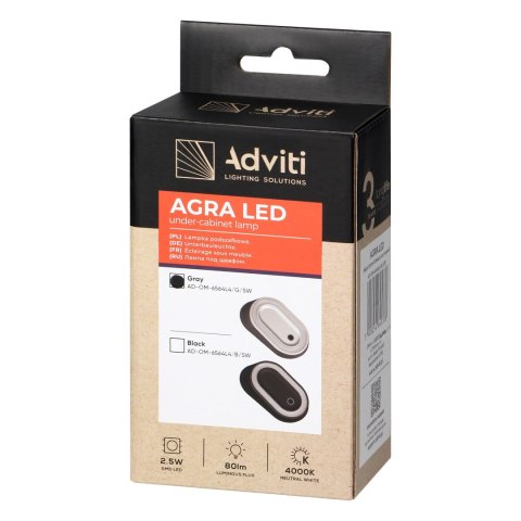 AGRA lampka podszafkowa LED 2,5W, 80lm, 4000K, z włącznikiem bezdotykowym, szara