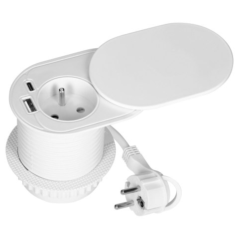 Gniazdo meblowe ?6cm, wpuszczane w blat z przesuwną pokrywką, ładowarką USB i przewodem 1,9m, 1x2P+Z (French), 2xUSB (typ A+C; P