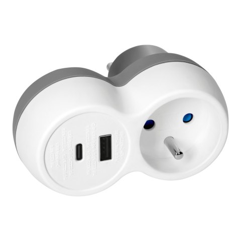 Rozgałęźnik 2P+Z, USB-A+C, biało-szary