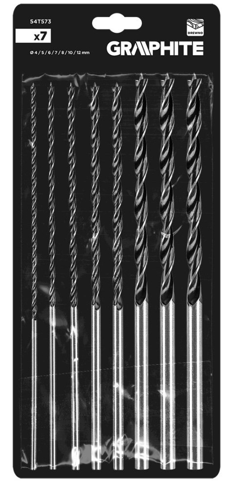 Zestaw wierteł do drewna, przedłużanych: 4, 5, 6, 7, 8, 10, 12 x 300 mm, 7 szt.