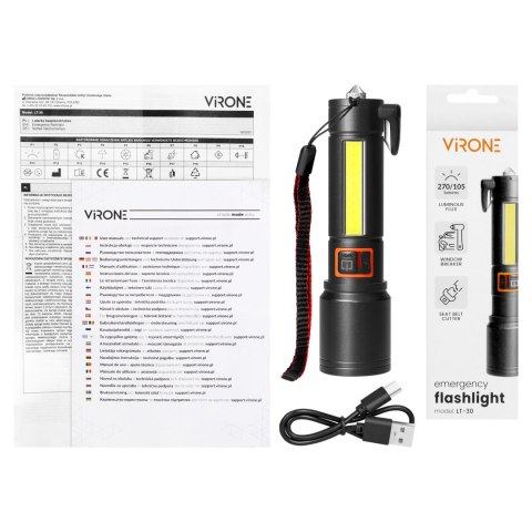 Latarka LED, 270/105lm, 1200mAh, przecinak do pasów, młotek bezpieczeństwa
