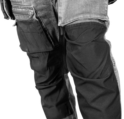 Spodnie robocze DENIM, wzmocnienia Cordura, odpinane kieszenie kaburowe, szare, rozmiar XL