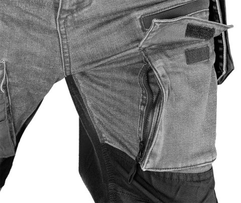 Spodnie robocze DENIM, wzmocnienia Cordura, odpinane kieszenie kaburowe, szare, rozmiar XXXL