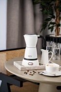 Kawiarka Elektryczna Moka 300ml - Aromatyczna Kawa Domowa, 480W, 6 filiżanek, Biała, Idealna na Podróże