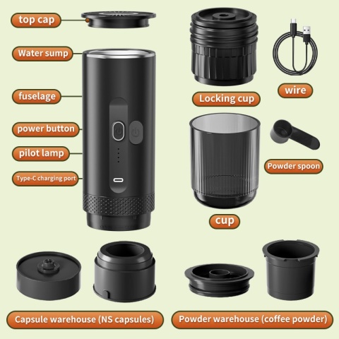 Wireless Electric Espresso 2-in-1 Coffee Machine for Car & Home Camping Portable Coffee Maker Capsule Powder Travel Coffee Maker