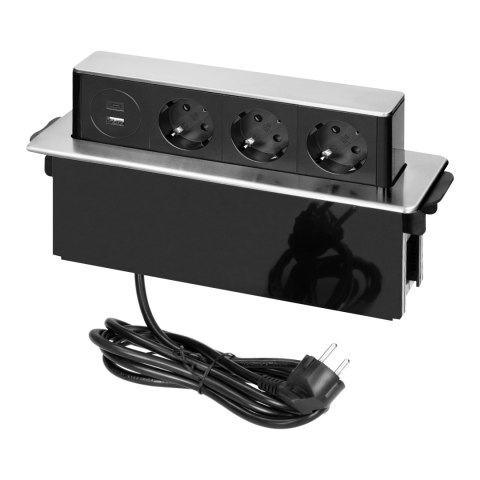 Gniazdo meblowe wysuwane z blatu z płaskim frezowanym rantem, ładowarką USB i przewodem 2m, 3x2P+Z (Schuko), 2 x USB (Typ A+C ; 