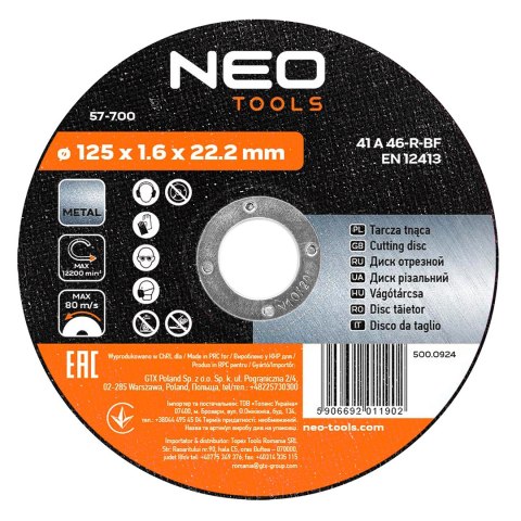 Tarcza tnąca do metalu 125 x 1.6 x 22 mm, 41 A 46-R-BF