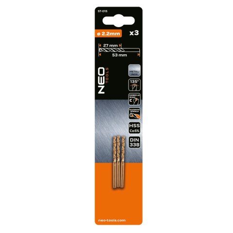 Wiertła do metalu HSS-Co 2.2 mm, 3 szt.