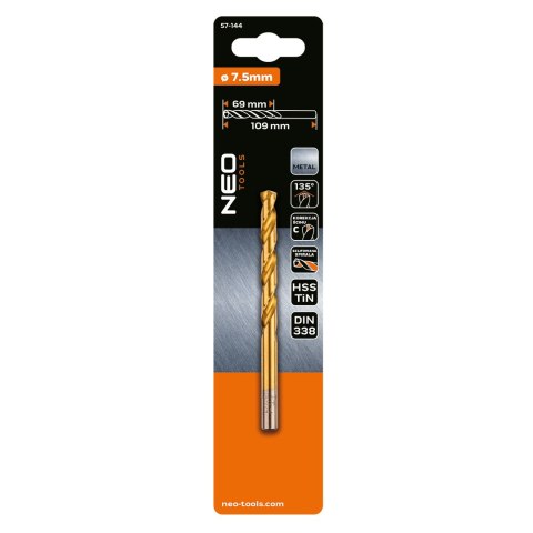 Wiertło do metalu HSS-TiN, 7.5 mm