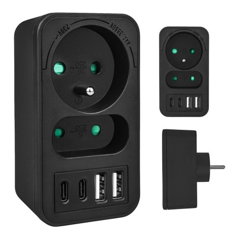 Gniazdko prądowe x2 + 4xUSB Maclean, rozgałęźnik z 2 gniazdami, 2xUSB A, 2xUSB C PD 20W, 1x16A + 1x6A, MCE249 F/B
