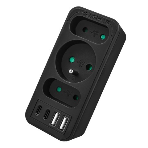 Gniazdko prądowe x3 + 4xUSB Maclean, rozgałęźnik z 3 gniazdami, 2xUSB A, 2xUSB C PD 20W, 1x16A + 2x6A, MCE248 F/B