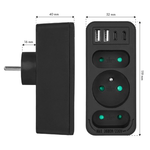 Gniazdko prądowe x3 + 4xUSB Maclean, rozgałęźnik z 3 gniazdami, 2xUSB A, 2xUSB C PD 20W, 1x16A + 2x6A, MCE248 F/B