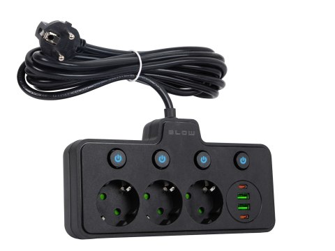 98-314# Rozgałęźnik ps-310 3-gniazda+2xusb+2xusb-c 3m czarny 3x1mm przedłużacz