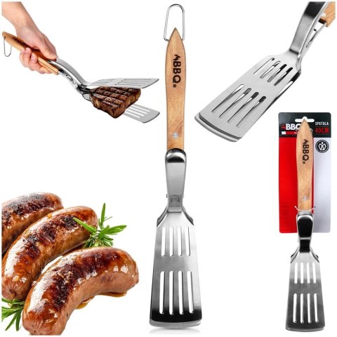 Łopatka do Grilla ze Szczypcami 2w1 Stalowa 40 cm Drewniana Rączka BBQ